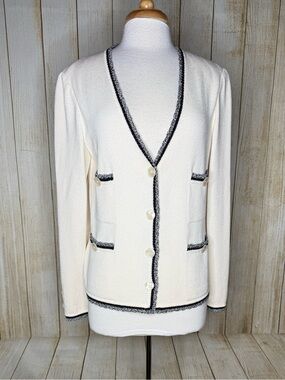 St. John Cream Knit Blazer Cardigan with Black Trim